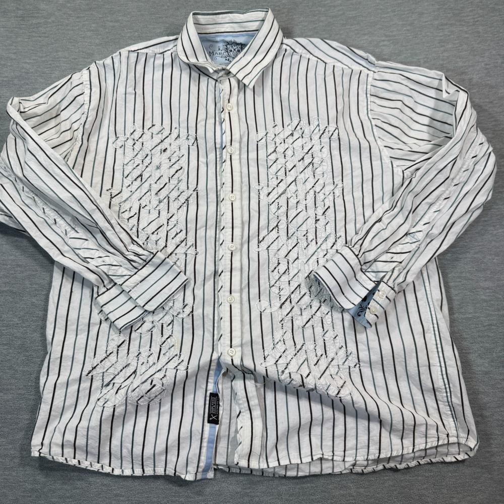 Marc Ecko Shirt Men‎ 2XL White Striped Embroidered Button Down Casual